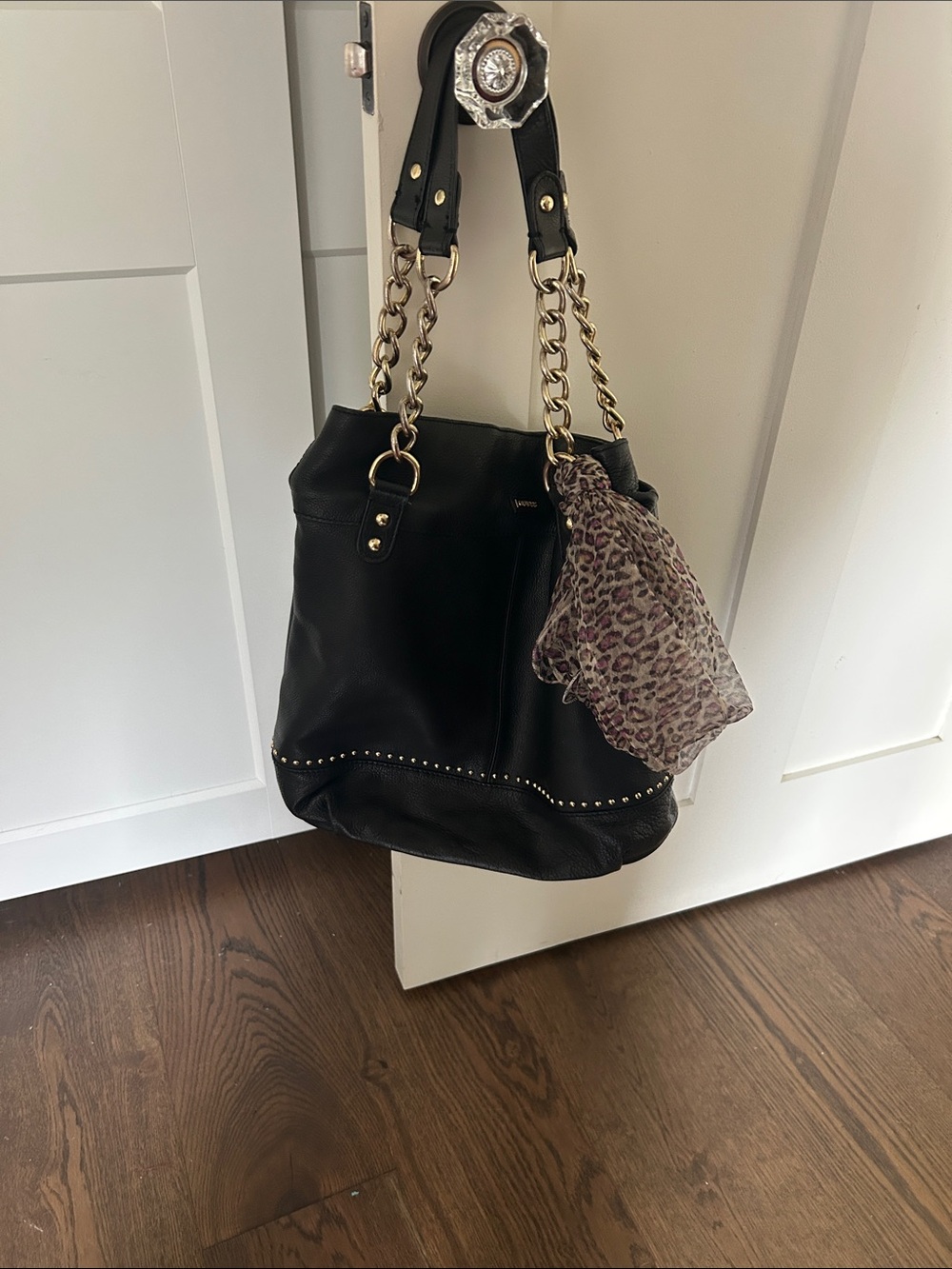 Guess Black Leather Tote with Gold Stud Accents - Designer-Style